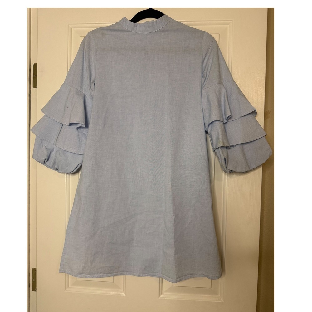 Zara Blue Ruffle Tiered Bell Sleeve Mock Neck Shift Dress Small- flaw in pic